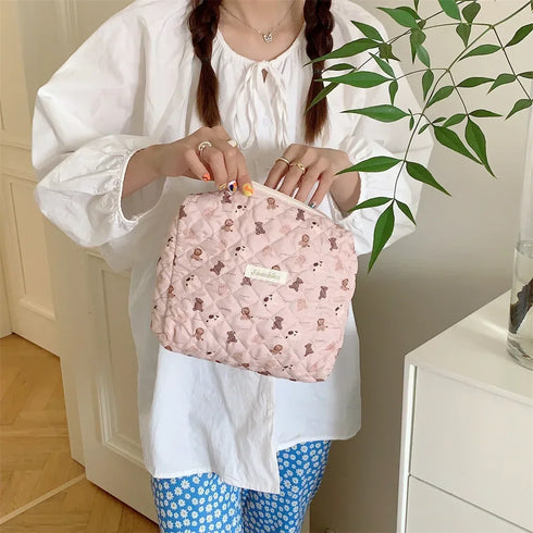 Cute Pink Women's Cosmetic Bag Make Up Case Cotton Travel Storage Bags Portable Wash Makeup Bag Large Clutch Purse Handbags